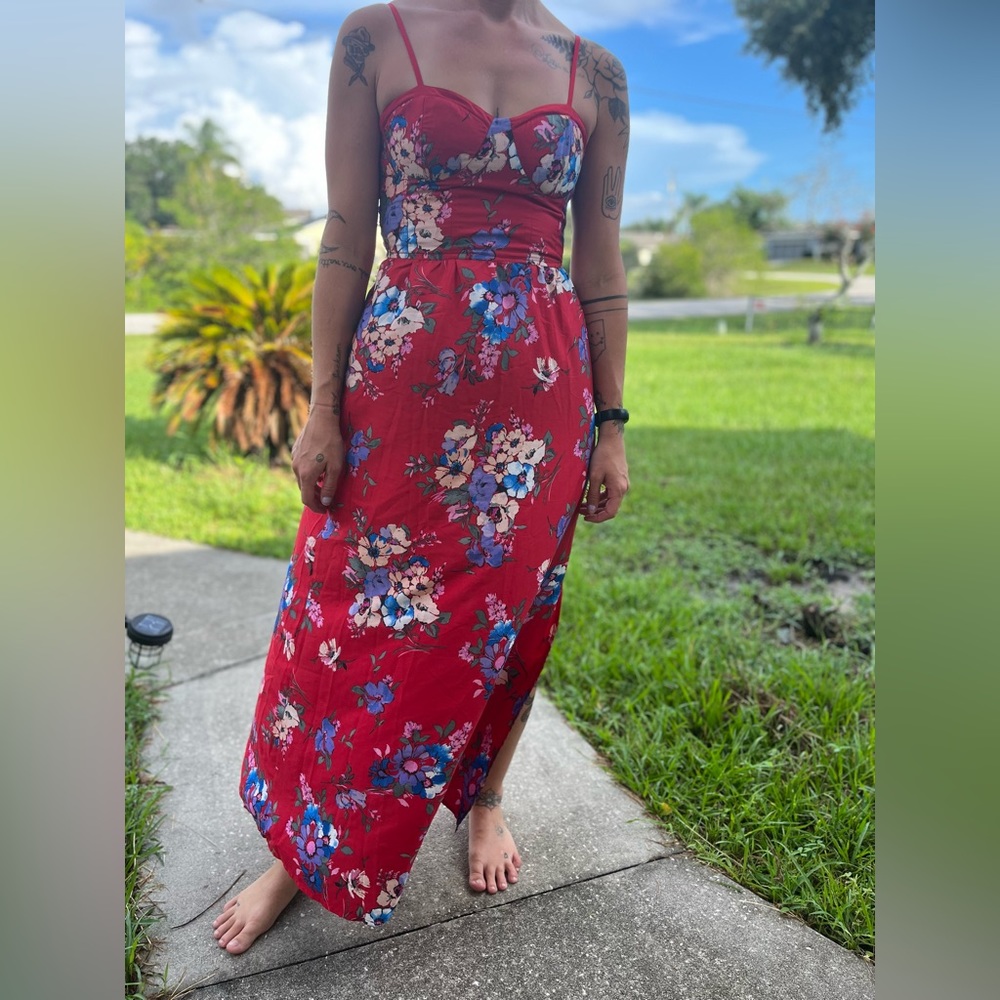 Red floral maxi dress with adjustable straps